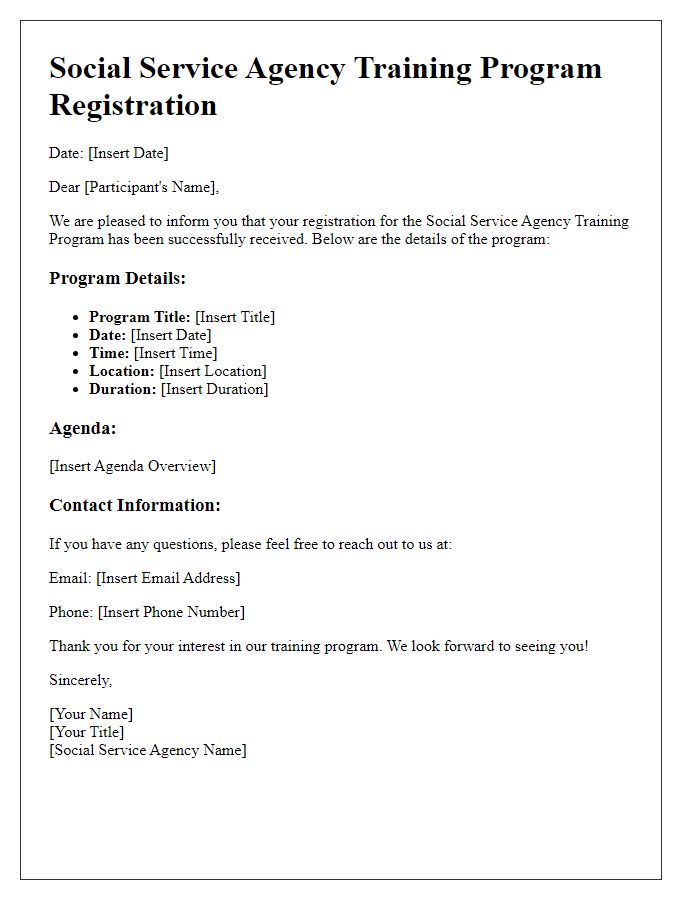 Letter template of social service agency training program registration