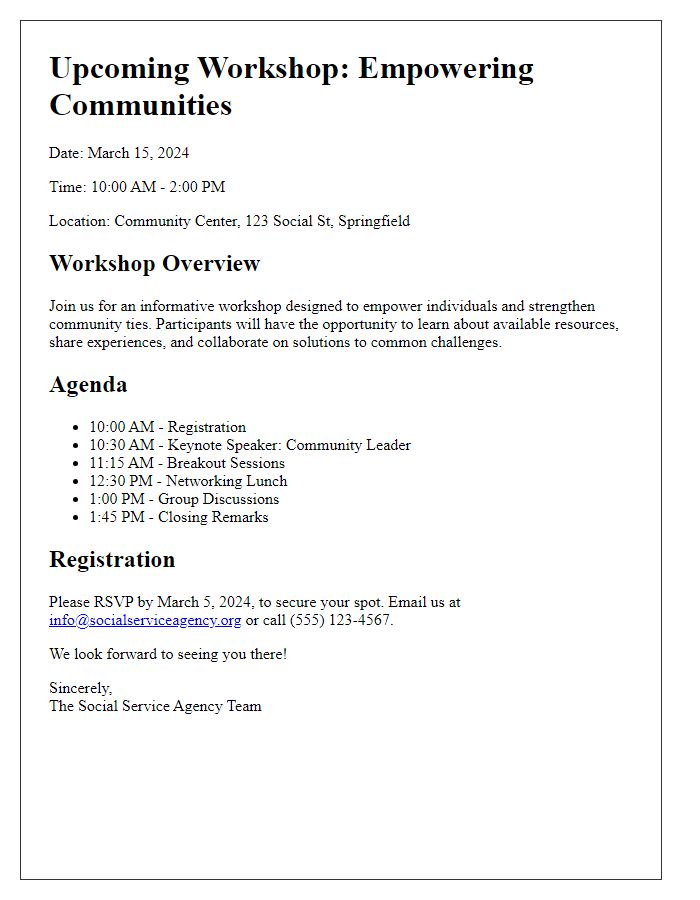 Letter template of social service agency workshop details