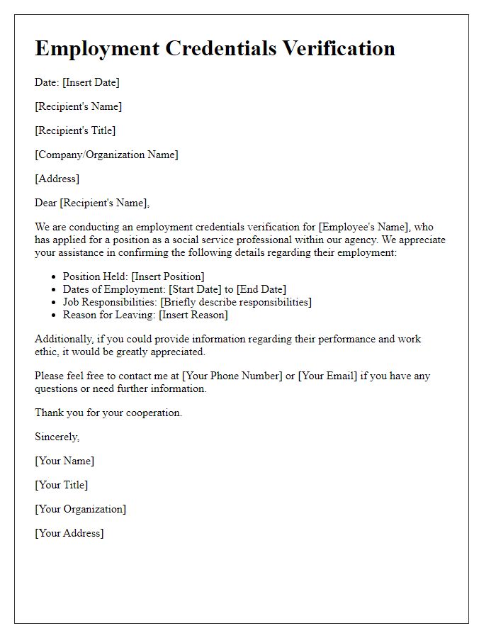 Letter template of employment credentials verification for social service professionals