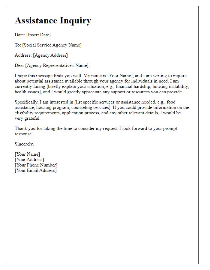 Letter template of assistance inquiry for social service agency clients