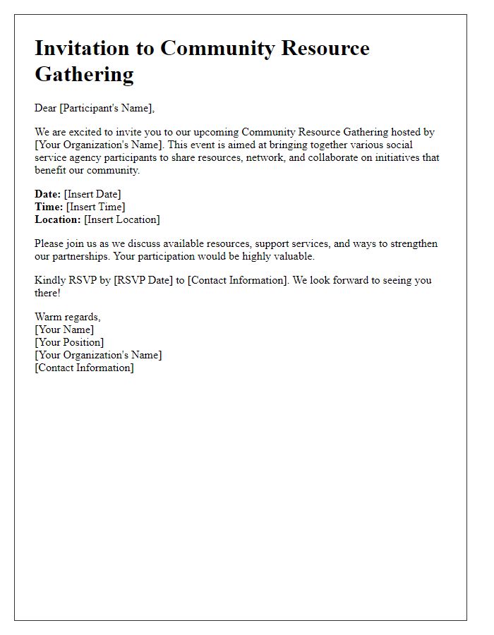 Letter template of community resource invitation for social service agency participants