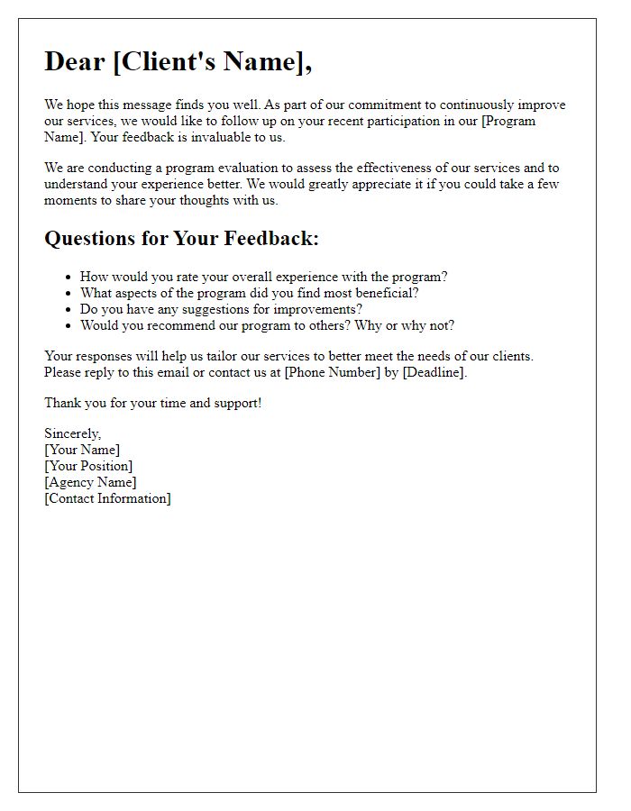 Letter template of program evaluation follow-up for social service agency clients