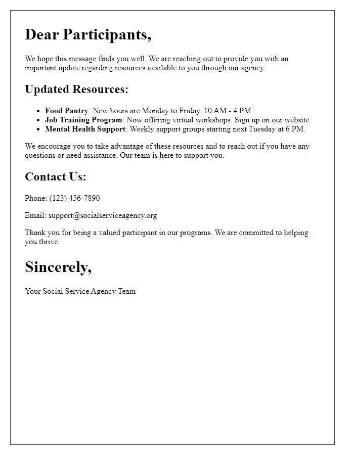 Letter template of resources update for social service agency participants