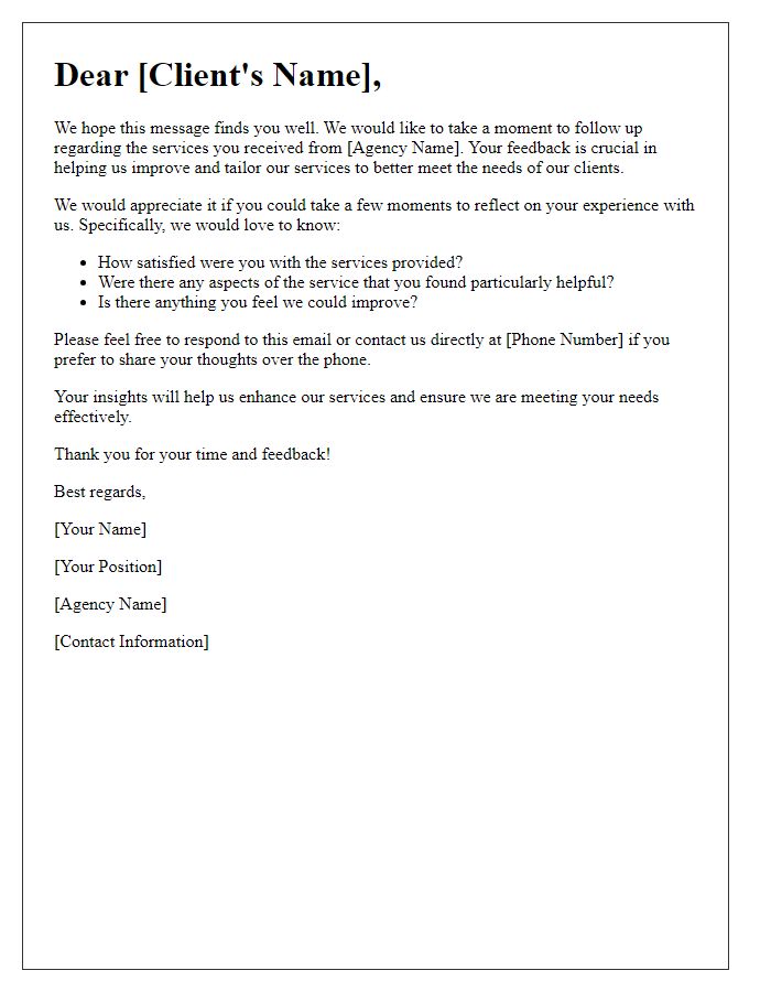 Letter template of service satisfaction follow-up for social service agency users