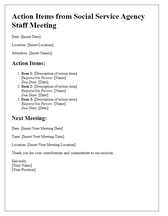 Letter template of action items arising from social service agency staff meeting