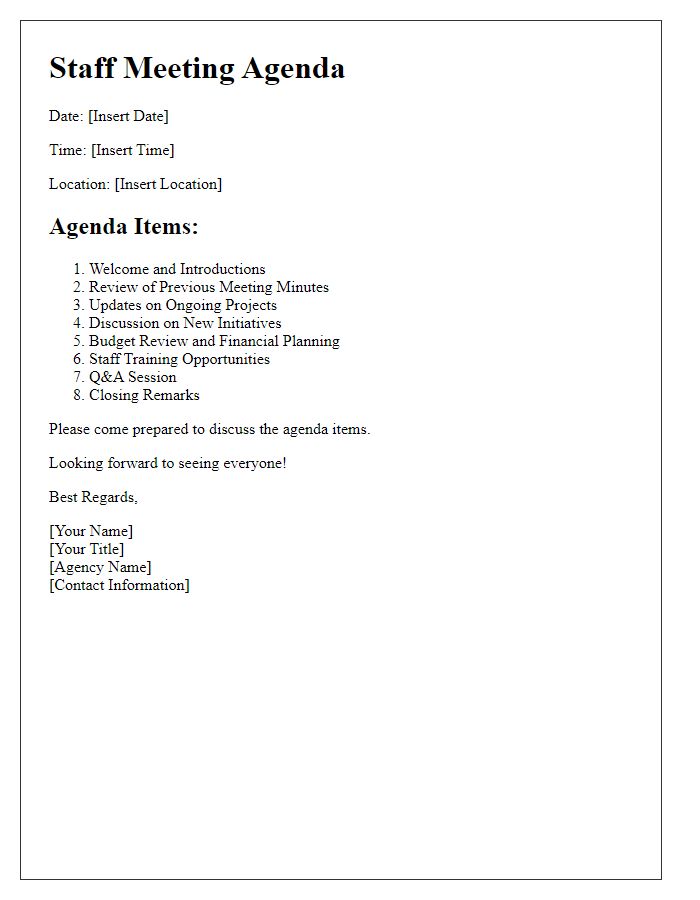 Letter template of agenda for staff meeting at social service agency