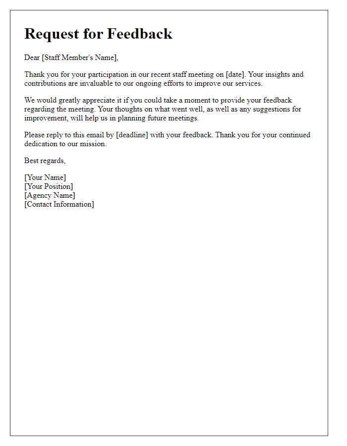 Letter template of feedback request after social service agency staff meeting