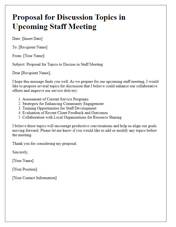 Letter template of proposal for topics to discuss in social service agency staff meeting