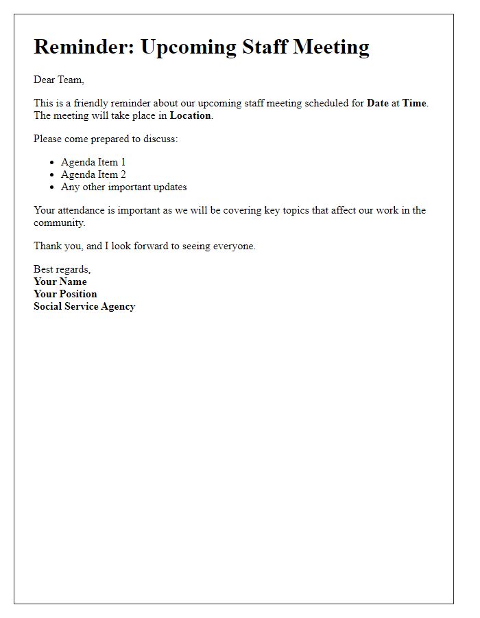 Letter template of reminder for upcoming staff meeting at social service agency