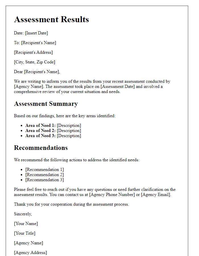 Letter template of social service agency assessment results