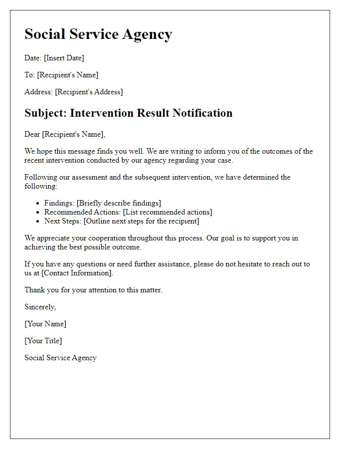 Letter template of social service agency intervention result letter