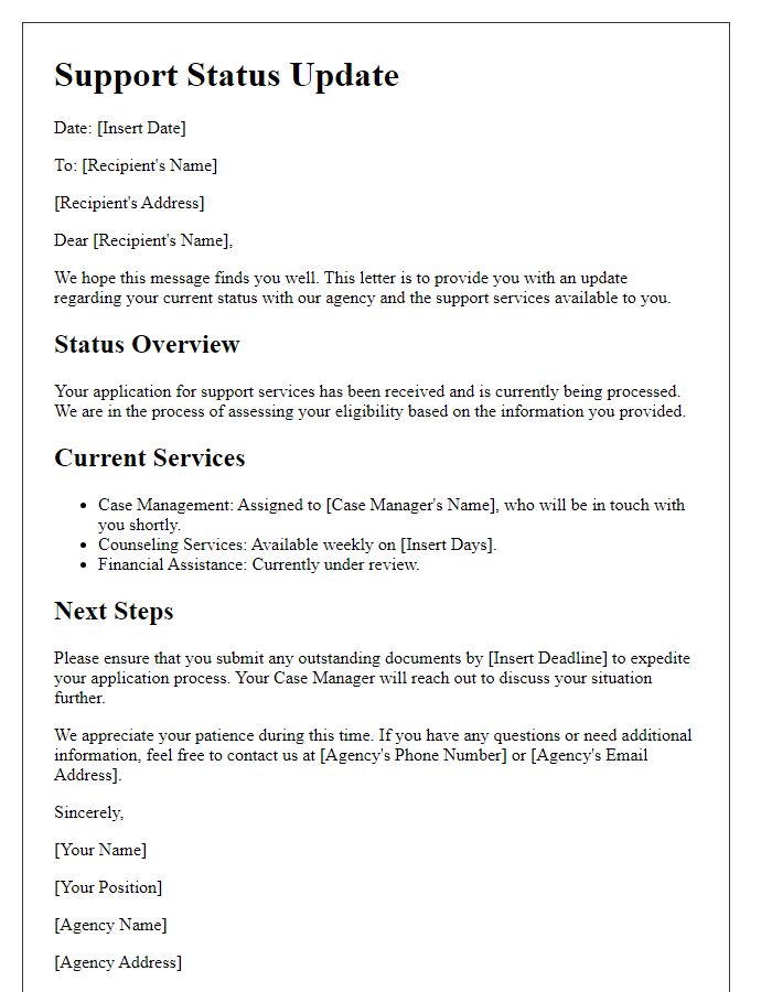 Letter template of social service agency support status update