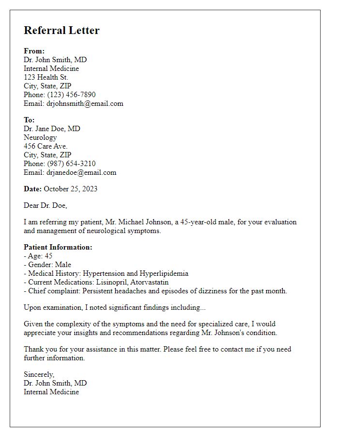 Letter template of internist referral to neurologist