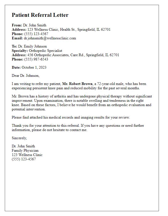 Letter template of patient referral to orthopedic specialist