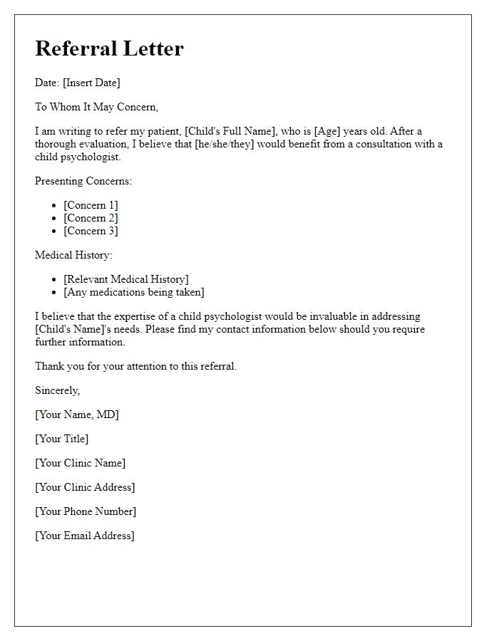 Letter template of pediatrician referral to child psychologist