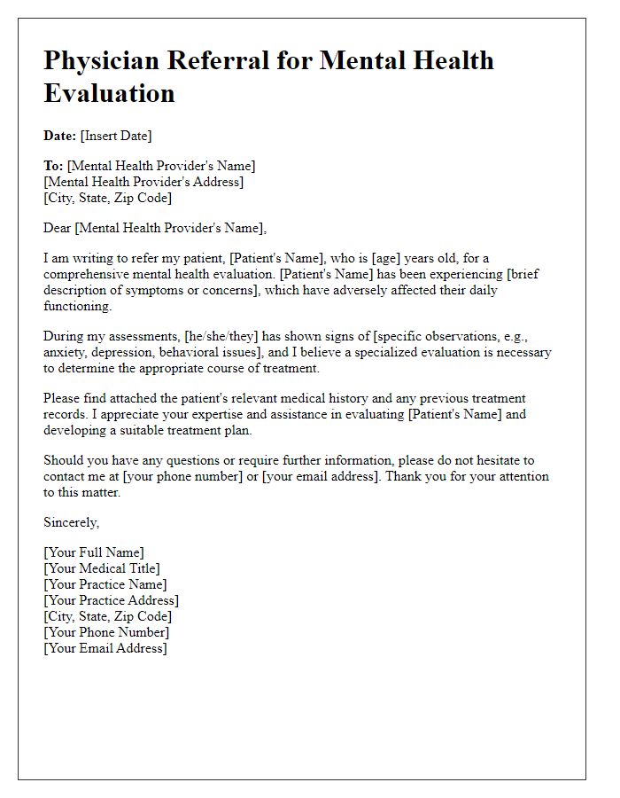 Letter template of physician referral for mental health evaluation