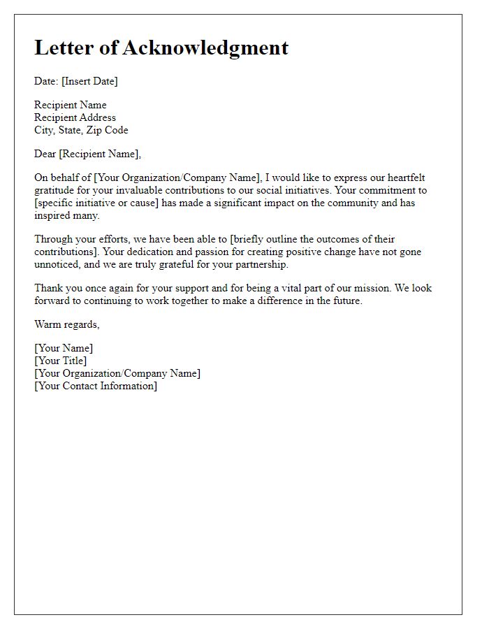 Letter template of acknowledgment for valuable impact on social initiatives.