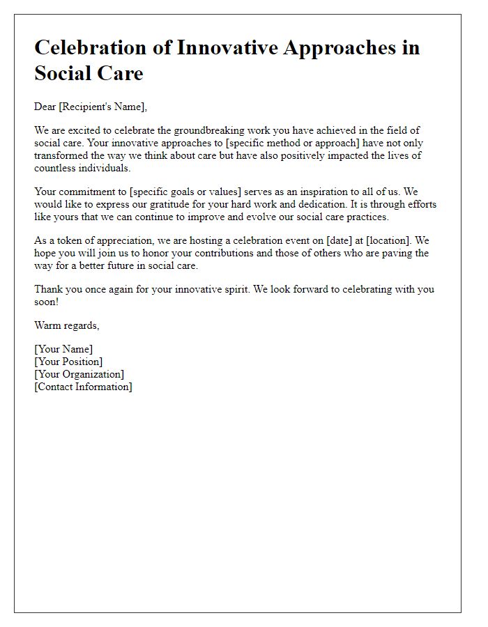 Letter template of celebration for innovative approaches in social care.