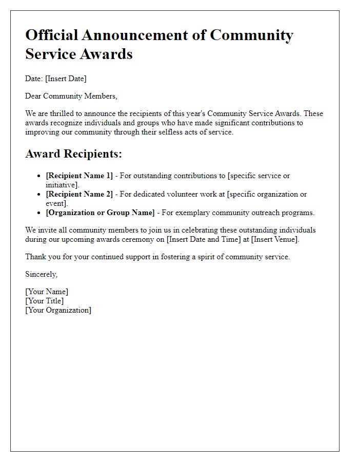 Letter template of official announcement for awards in community service.