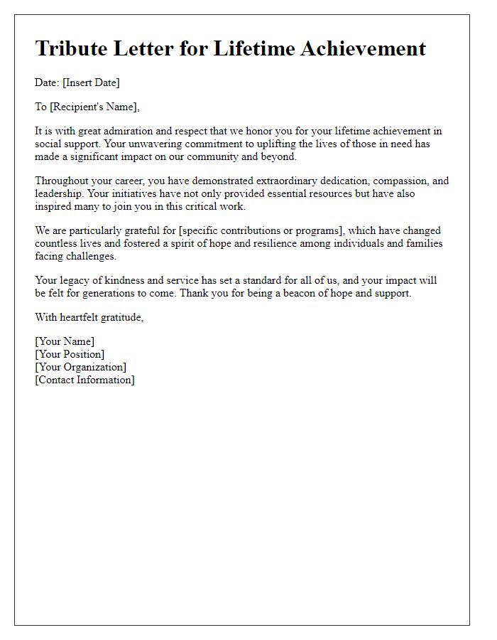 Letter template of tribute for lifetime achievement in social support.