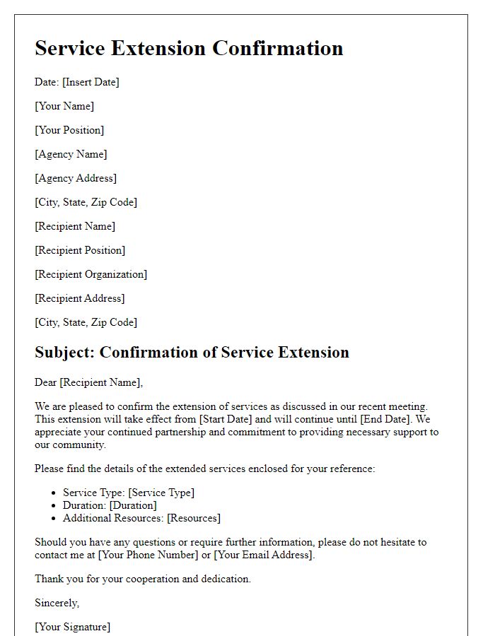 Letter template of confirmation for social service agency service extension