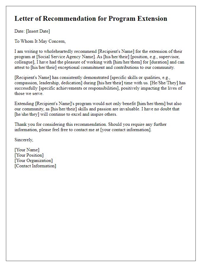 Letter template of recommendation for social service agency program extension