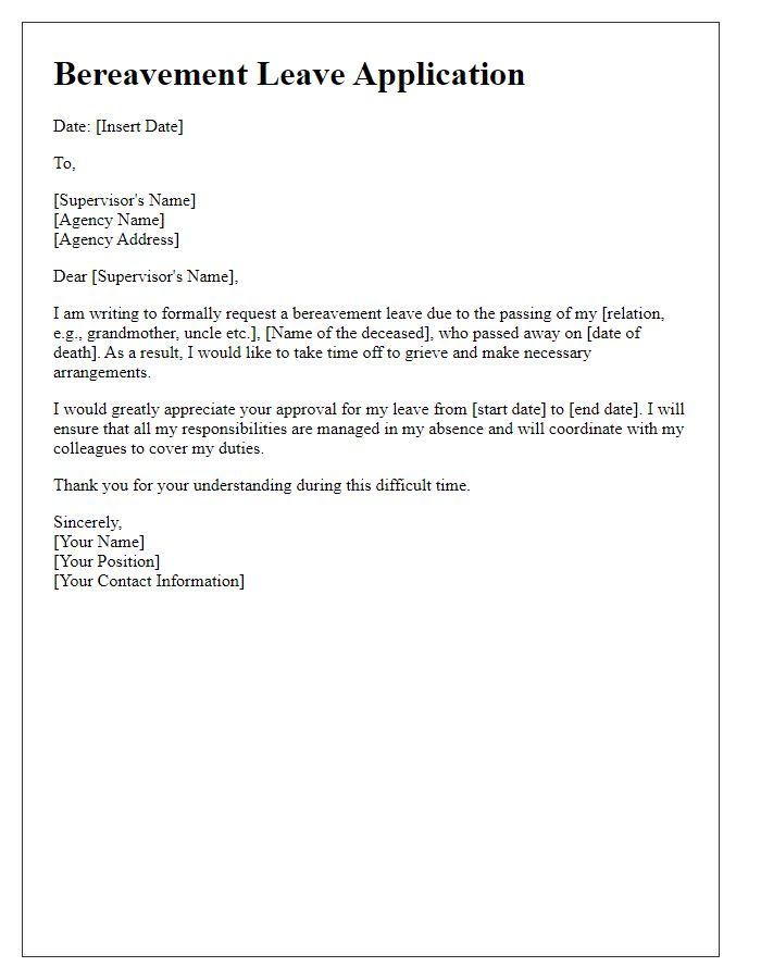 Letter template of bereavement leave application for social service agency staff