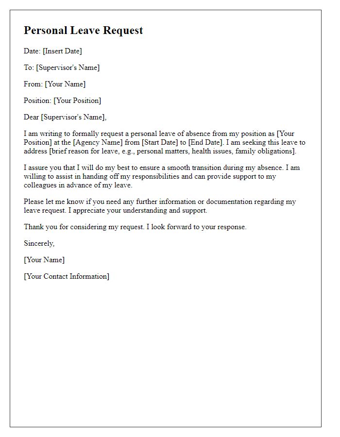 Letter template of personal leave request for social service agency team member