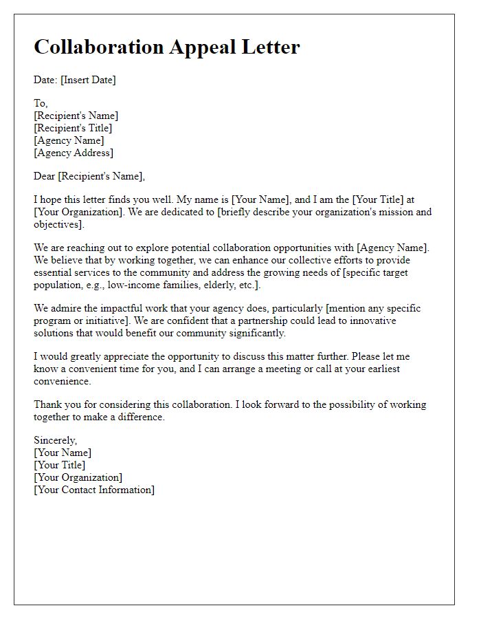 Letter template of collaboration appeal to a social service agency