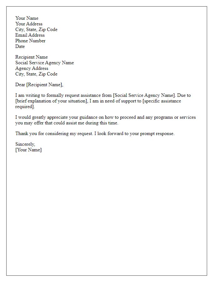 Letter template of formal request to a social service agency for assistance