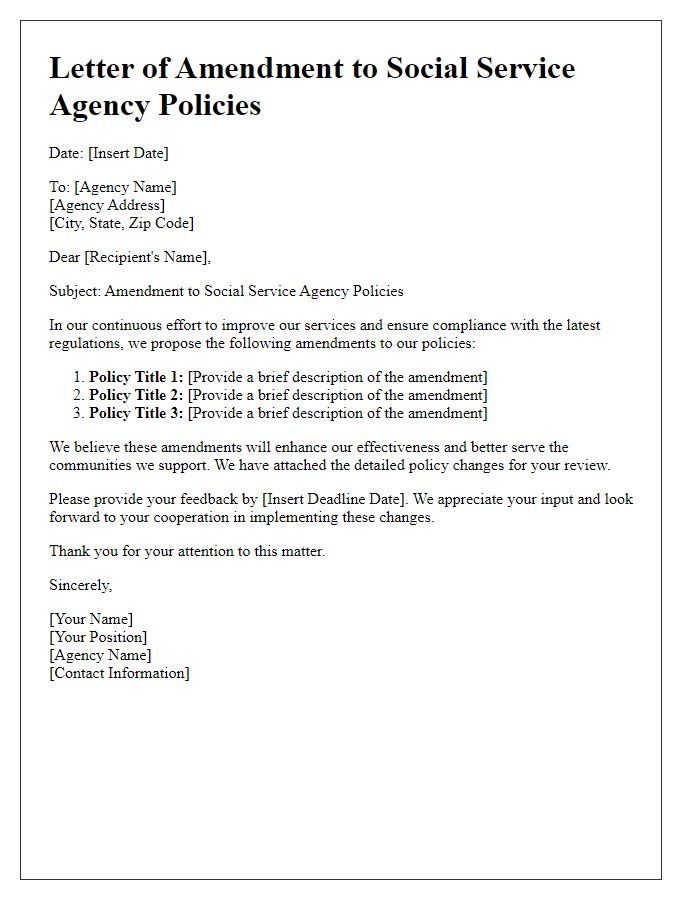 Letter template of amendments to social service agency policies