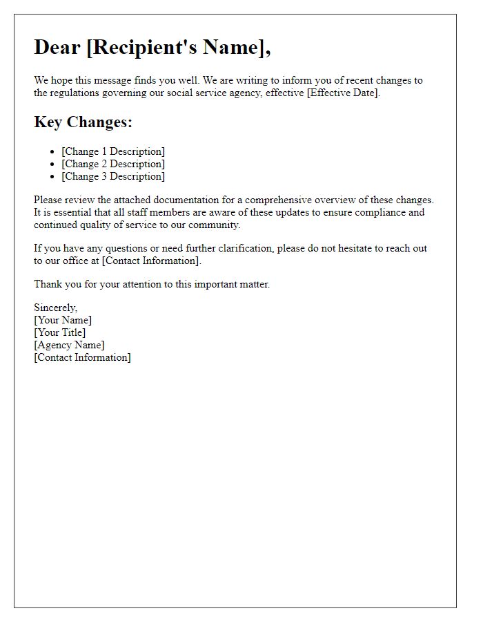 Letter template of changes in social service agency regulations