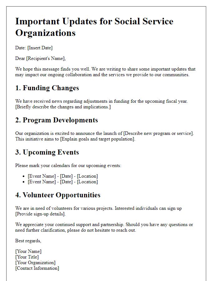 Letter template of important updates for social service organizations