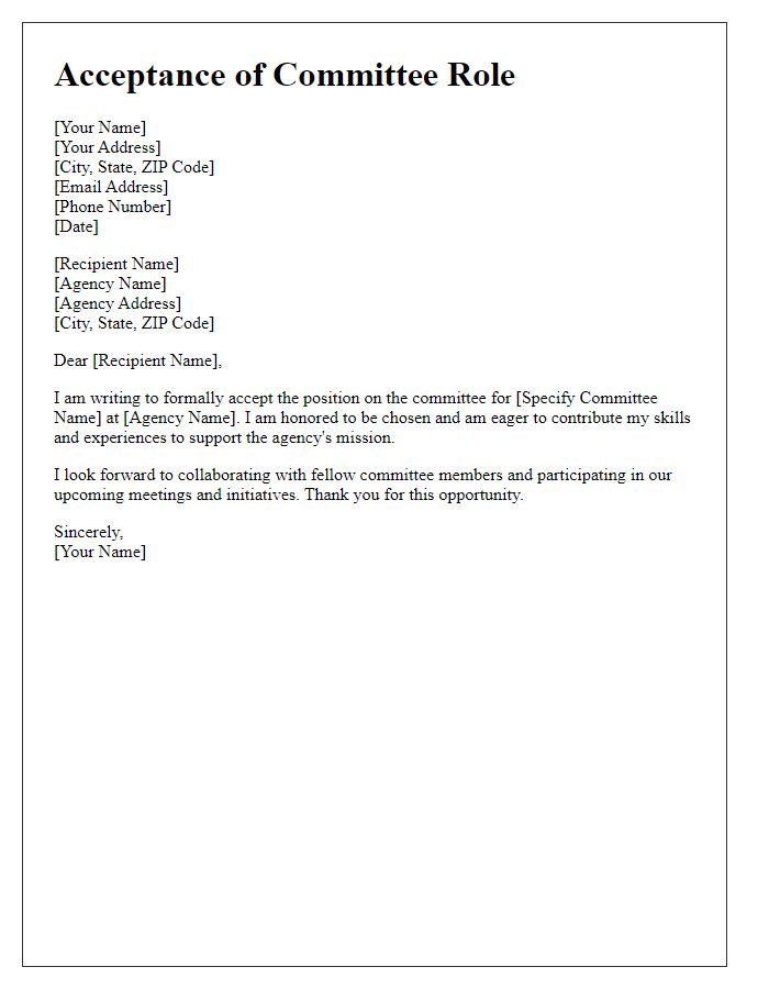 Letter template of acceptance of social service agency committee role.