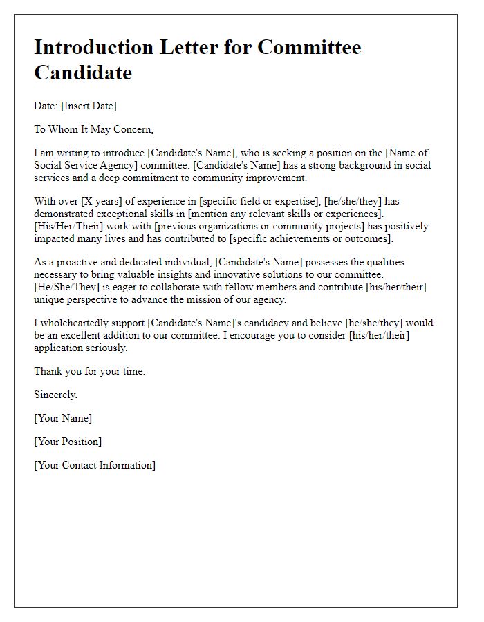 Letter template of introduction for social service agency committee candidate.