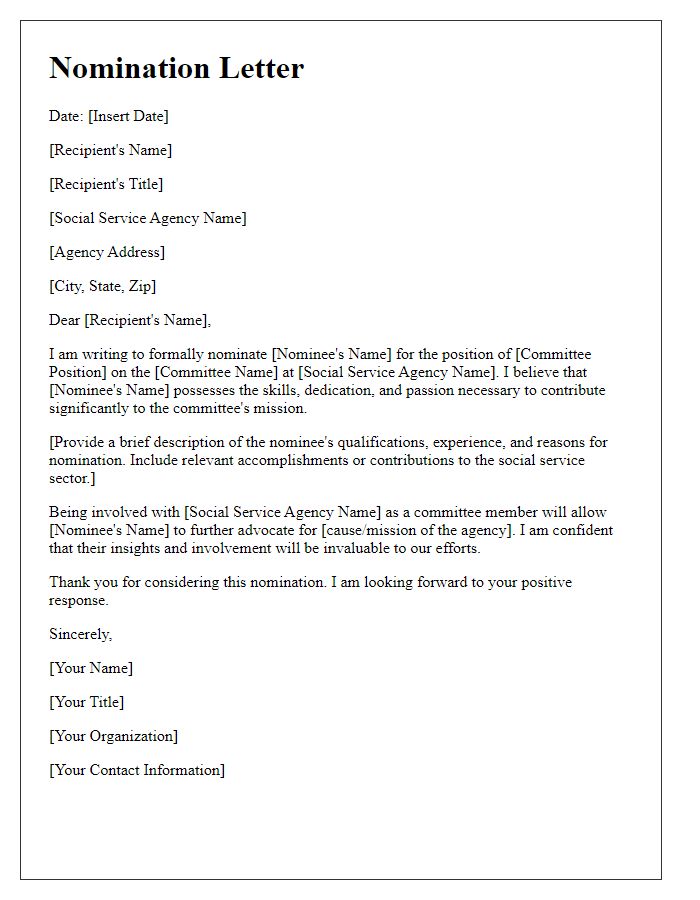 Letter template of nomination for social service agency committee position.