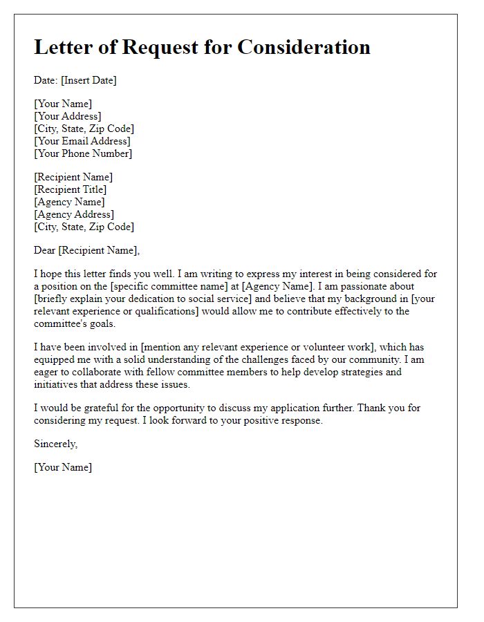 Letter template of request for consideration for social service agency committee.