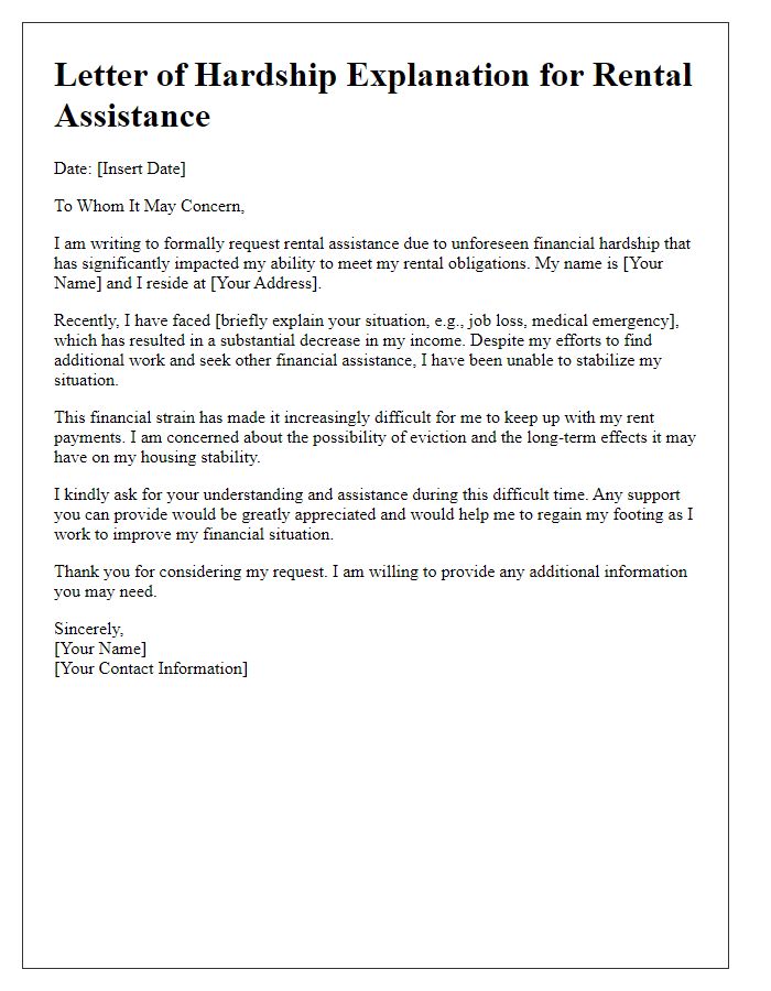 Letter template of hardship explanation for rental assistance