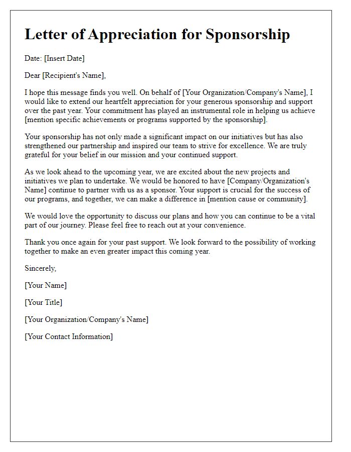 Letter template of appreciation for past sponsorship and request for continued support.