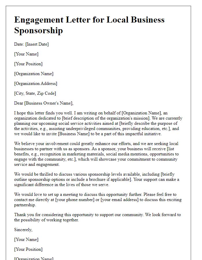 Letter template of engagement for local business sponsorship in social service activities.