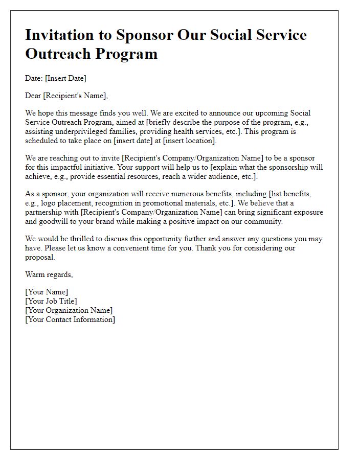 Letter template of invitation to sponsor a social service outreach program.