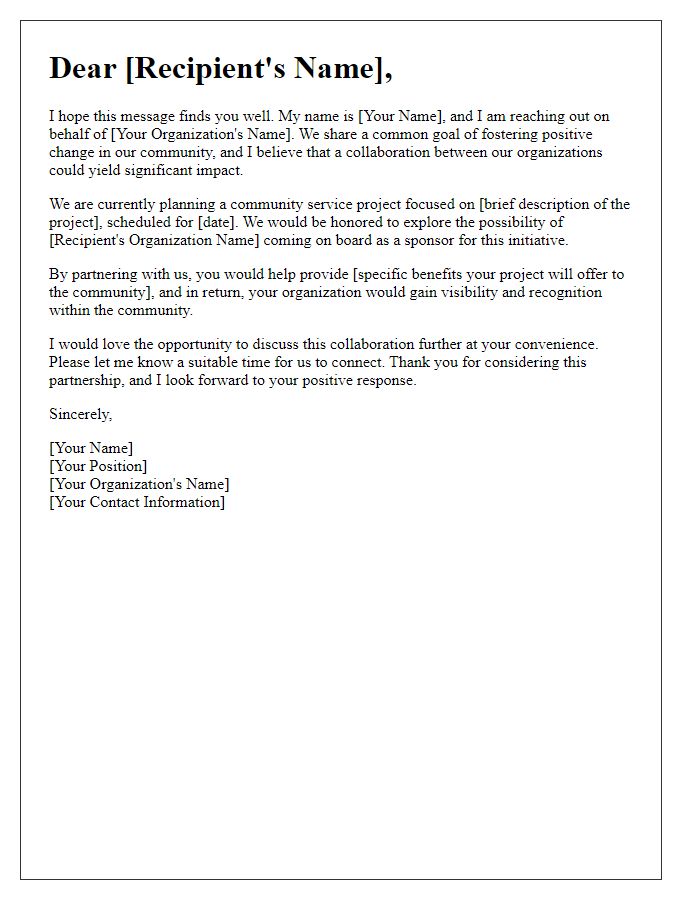 Letter template of outreach for collaboration on community service sponsorship.