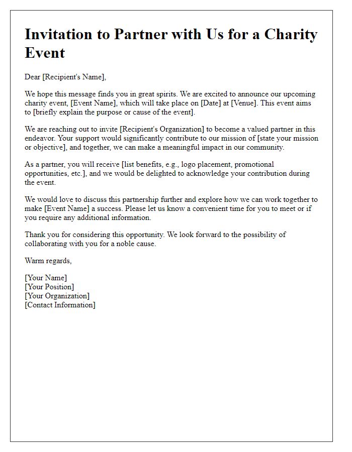 Letter template of partnership invitation for charity event support.