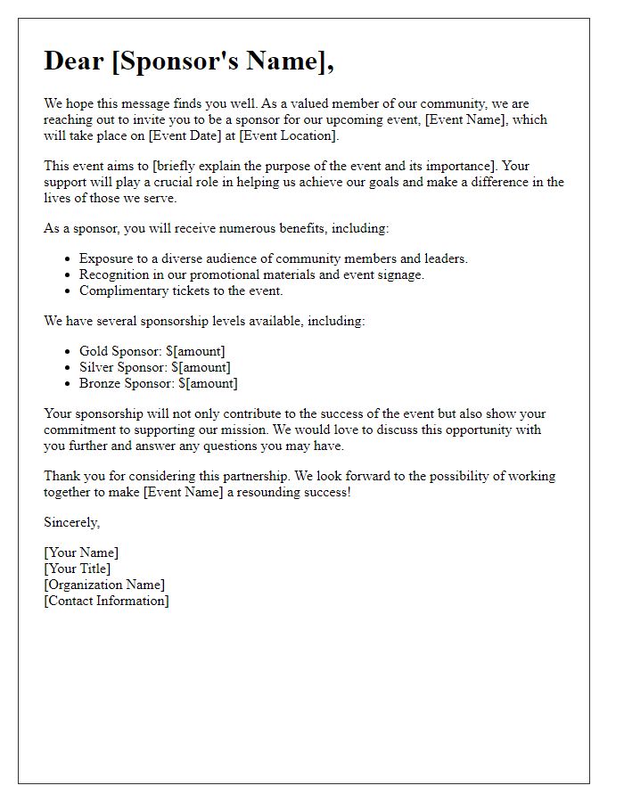 Letter template of sponsorship solicitation for non-profit organization event.