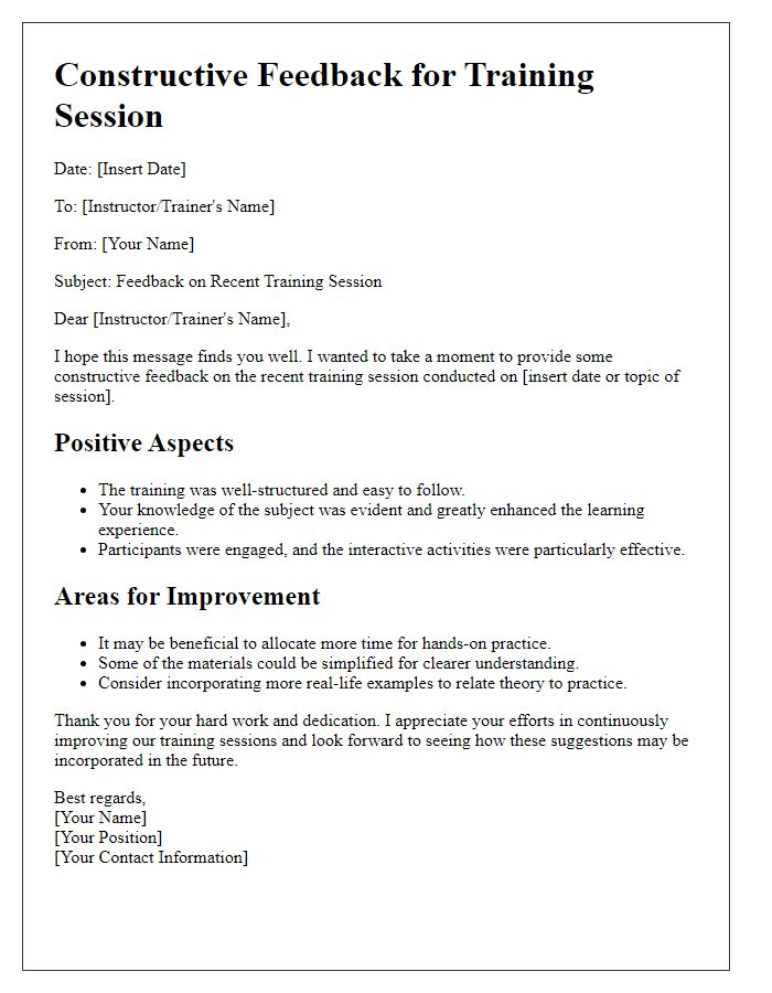 Letter template of constructive feedback for social service agency training sessions