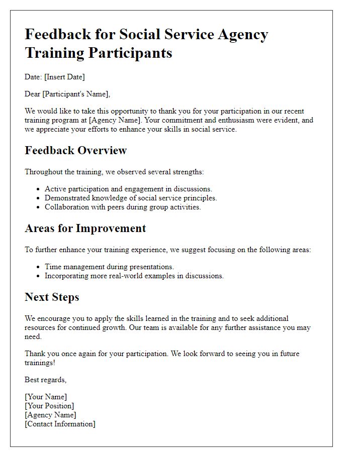 Letter template of feedback for social service agency training participants