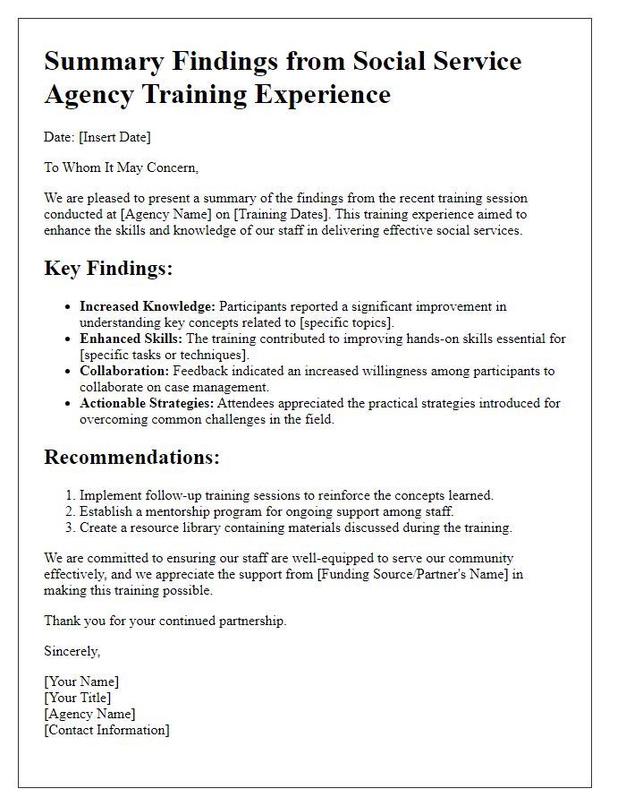 Letter template of summary findings from social service agency training experience