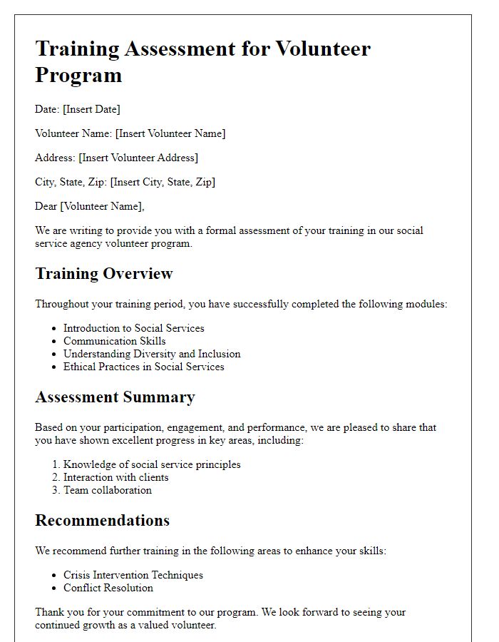 Letter template of training assessment for social service agency volunteer program