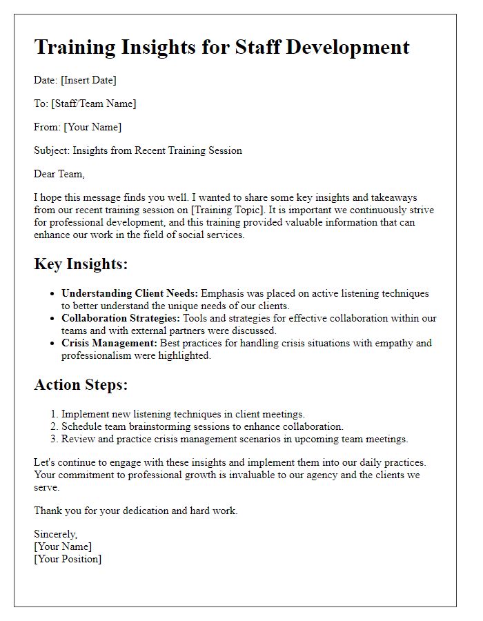 Letter template of training insights for social service agency staff development