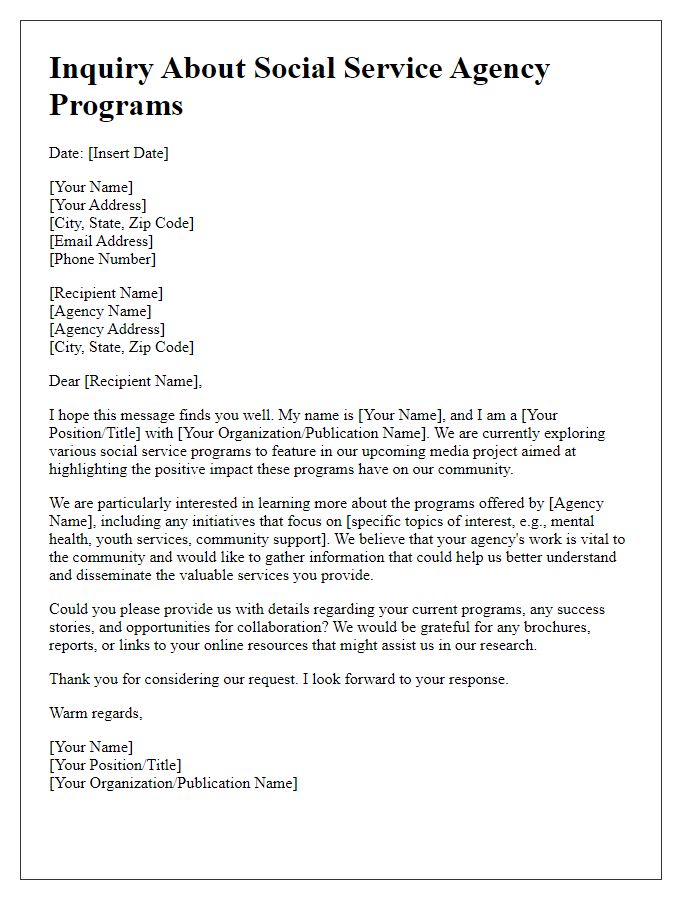 Letter template of inquiry about social service agency programs for media